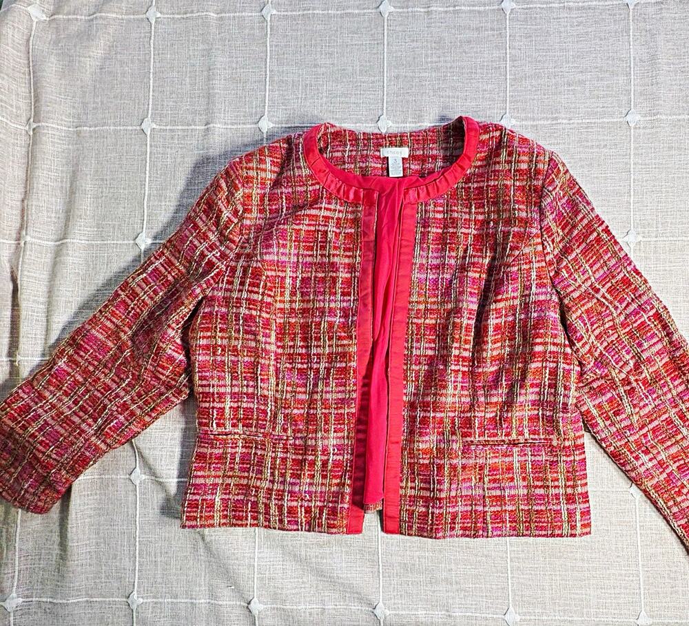 Chico's Pink Plaid Open Front Lined Short Jacket, XL Career Quiet Luxury